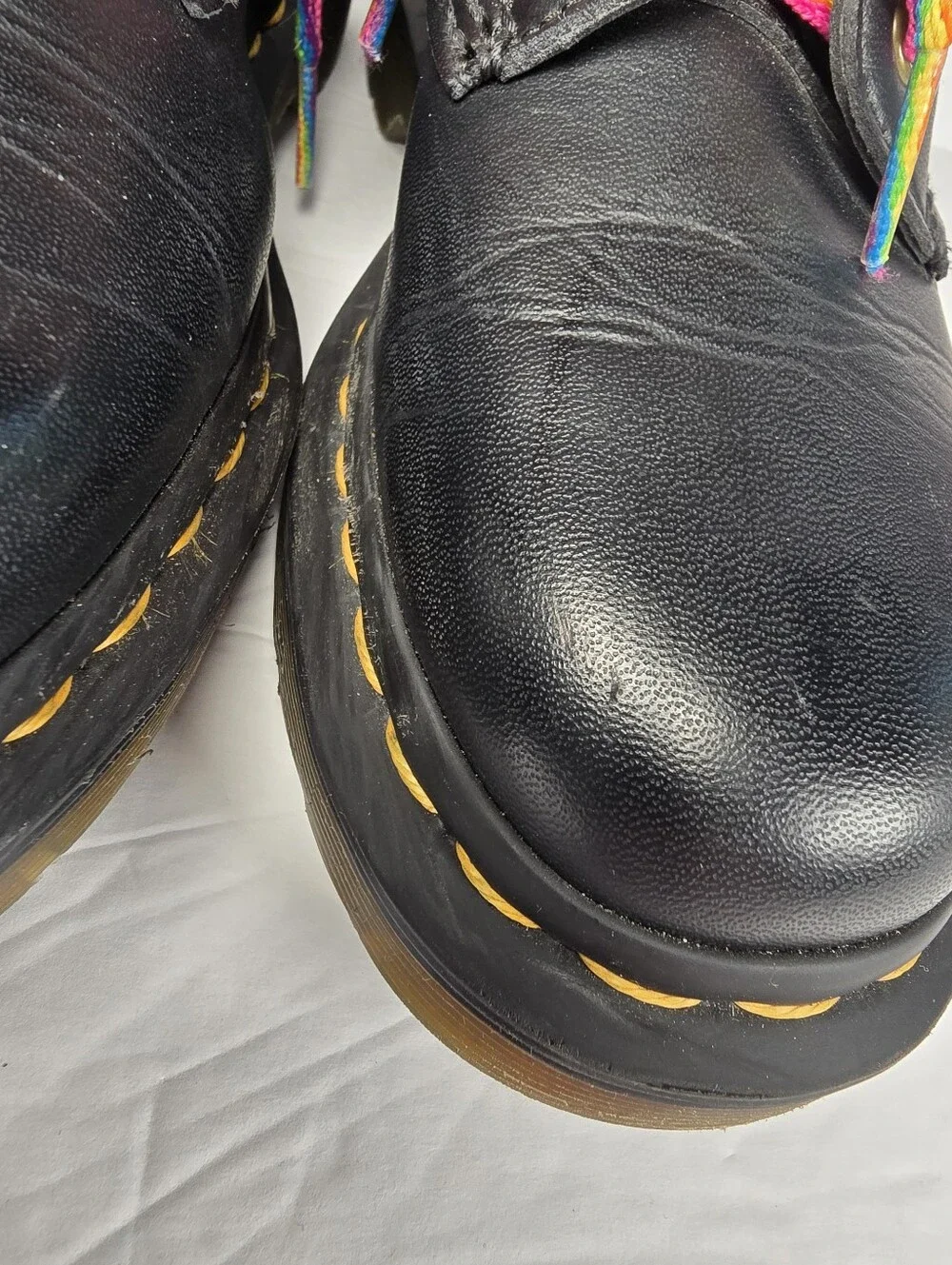 Dr. Martens 1460 Girls Black Lace Up Boots Featuring Rainbow Flat Laces Size 4